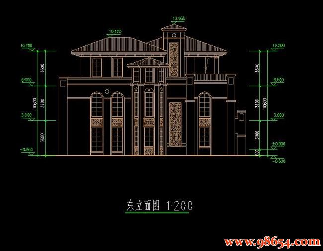 首层面积187平方米3层带地下室私人别墅方案正立面图