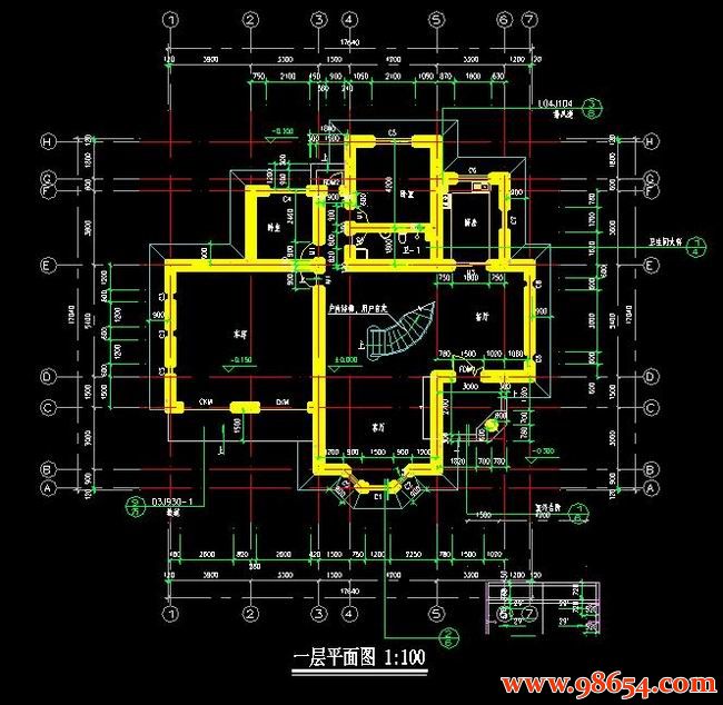 首层面积299平方米2层天虹花园别墅建筑施工图一楼平面图