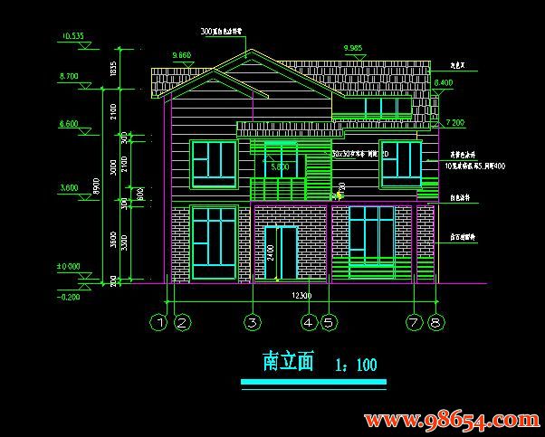 首层面积141平方米2层上海某别墅建筑施工图正立面图