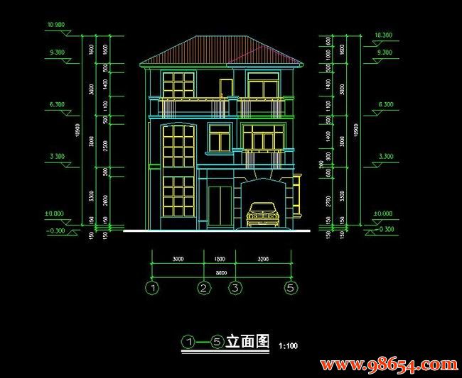 首层面积92平方米三层别墅建施图正立面图