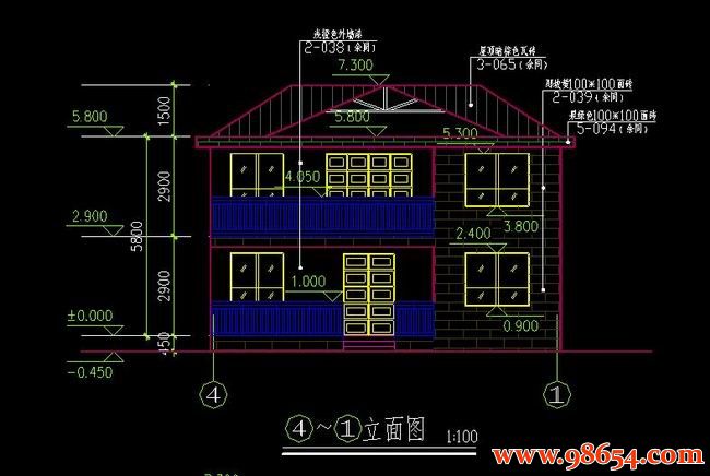 首层面积98平方米2层农村别墅施工图正立面图