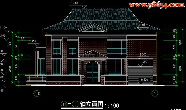 首层面积151平方米2层坡地别墅施工图正立面图