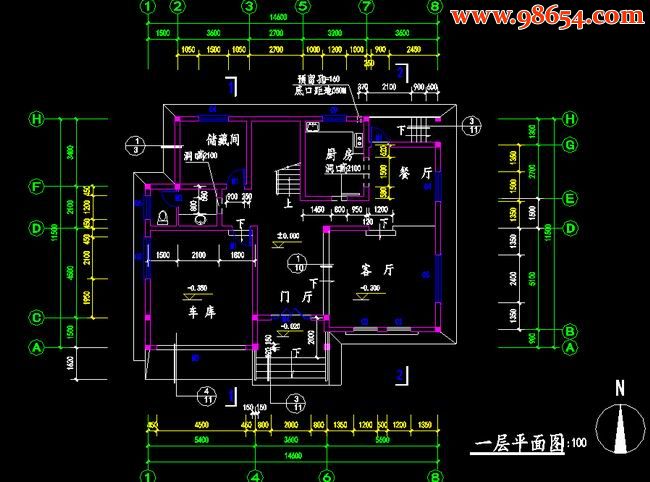 三层4室3厅4卫新农村住宅施工图一楼平面图