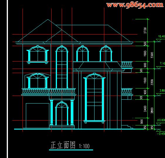 首层面积108平方米3层多层别墅建筑图正立面图