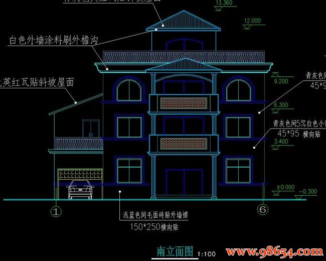 首层面积122平方米3层别墅施工全套图正立面图