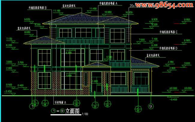 首层271平方米3层独立别墅建筑施工图正立面图