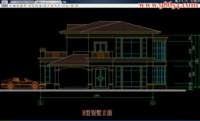 两层B型现代别墅施工图正立面图