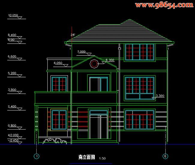 三层5室4厅4卫别墅建筑施工图（左）正立面图