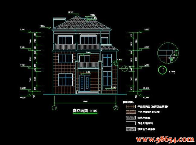 首层面积142平方米3层农村别墅建筑设计施工图正立面图