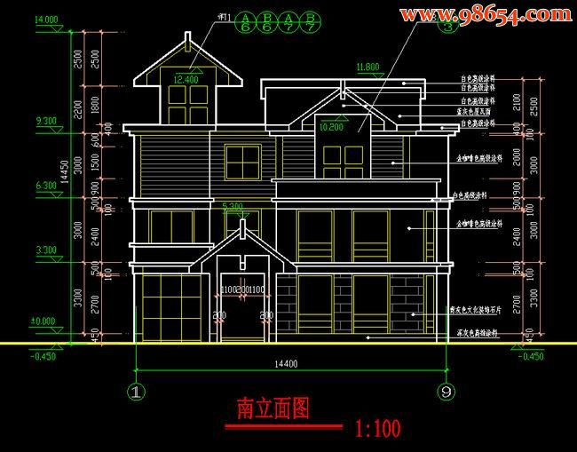 首层173平方米3层别墅建筑施工图纸11正立面图