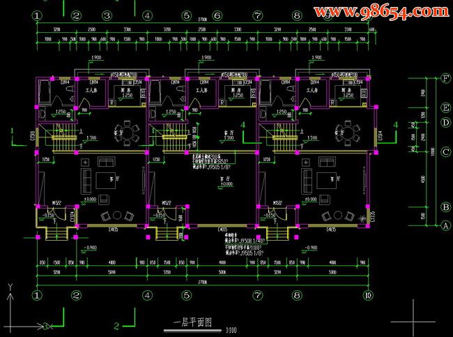 三层联排独立别墅建筑施工图一楼平面图