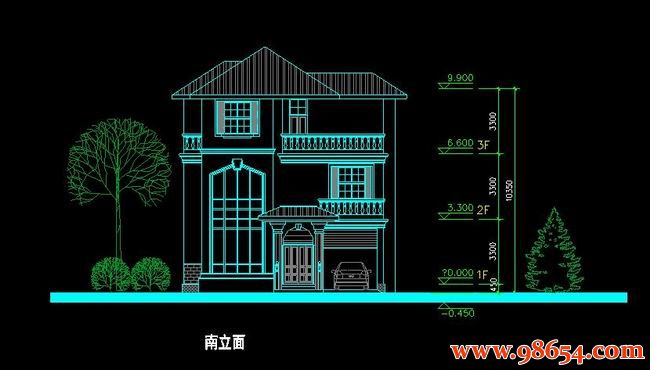 首层面积138平方米3层B6型别墅施工图正立面图