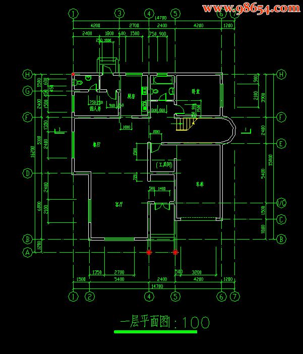 两层现代农村独栋别墅施工图一楼平面图