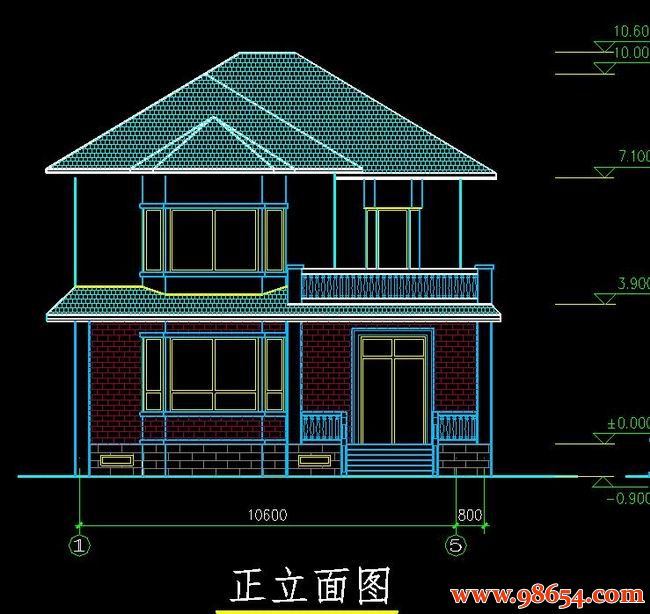 首层面积127平方米2层别墅施工图正立面图