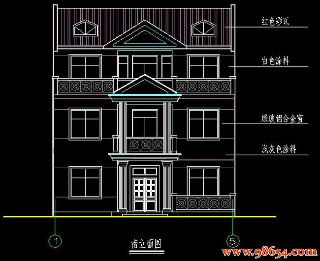 首层面积107平方米3层别墅建筑设计施工图正立面图