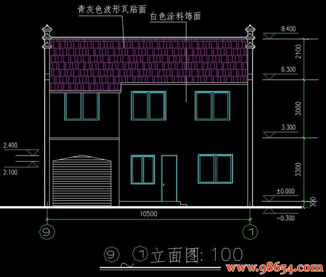 首层面积137平方米2层别墅设计施工图正立面图