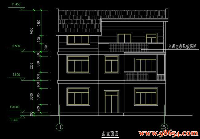 首层面积120平方米3层别墅建筑设计施工图正立面图