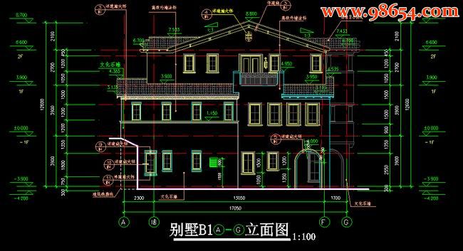 首层面积225平方米3层西班牙风格建筑图正立面图