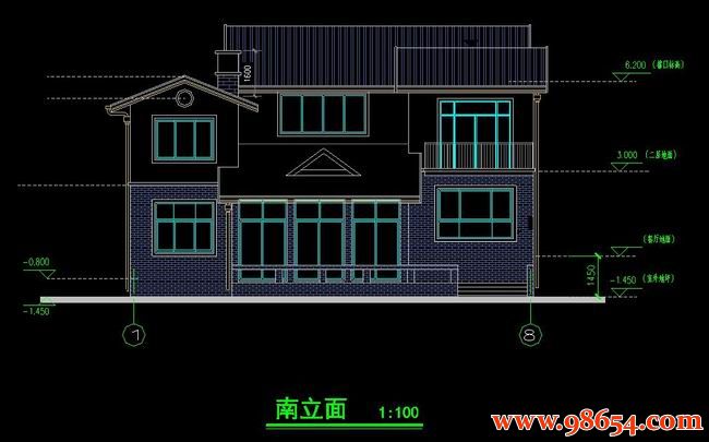 首层面积221平方米2层自建别墅设计施工图正立面图