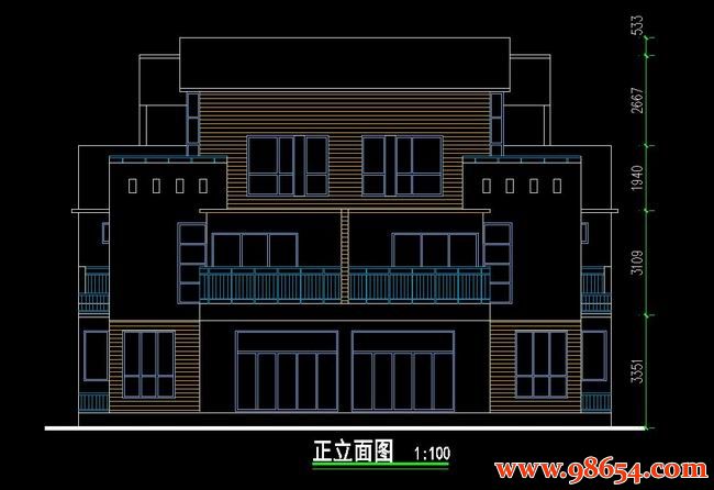 首层面积144平方米3层双拼别墅施工图正立面图