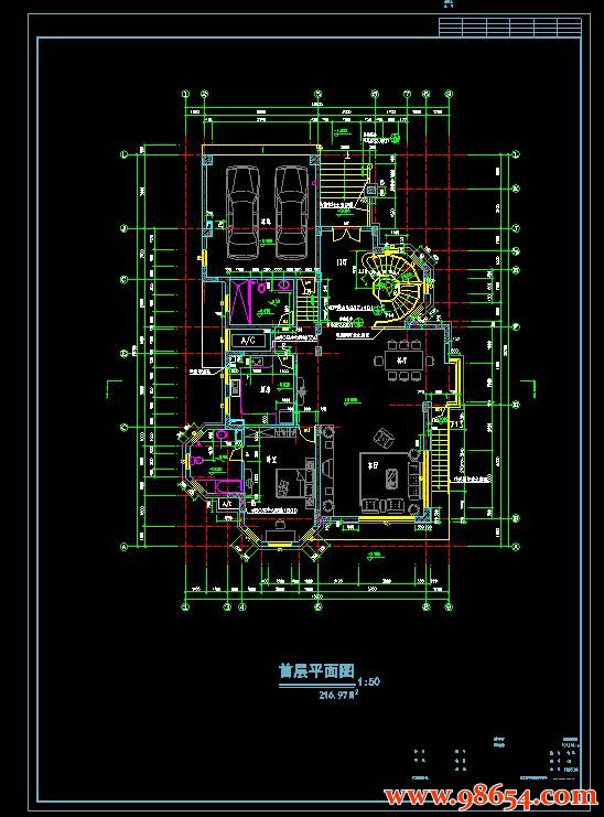 首层面积287平方米3层带地下室独栋别墅施工图一楼平面图