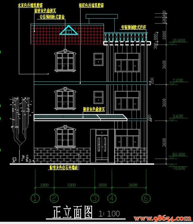 首层面积182平方米3层3室2厅2卫农村自建房别墅施工图正立面图