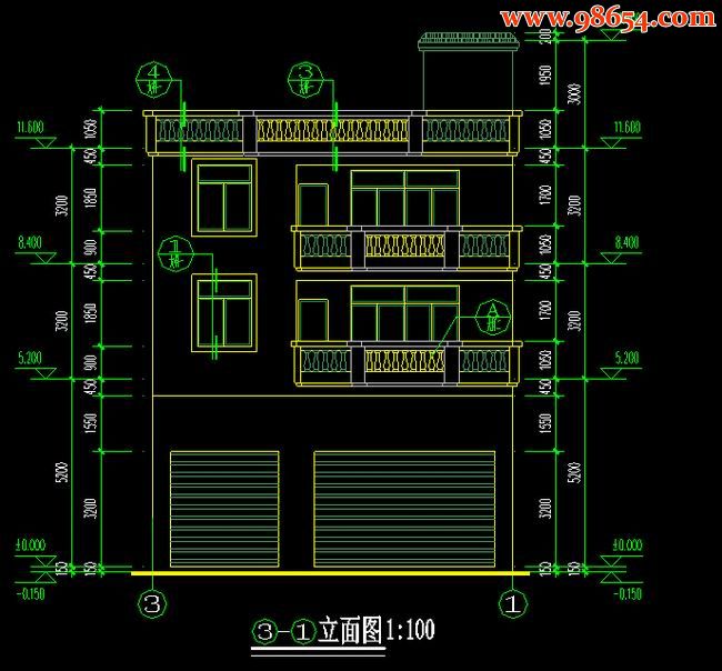 三层100平米私人商品房建筑施工图正立面图