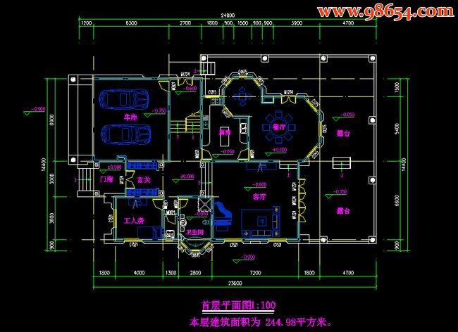 两层4室3厅4卫B1型建筑设计图一楼平面图