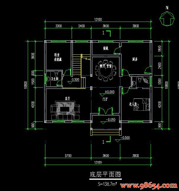 首层面积141平方米4层徽派别墅建筑设计图一楼平面图