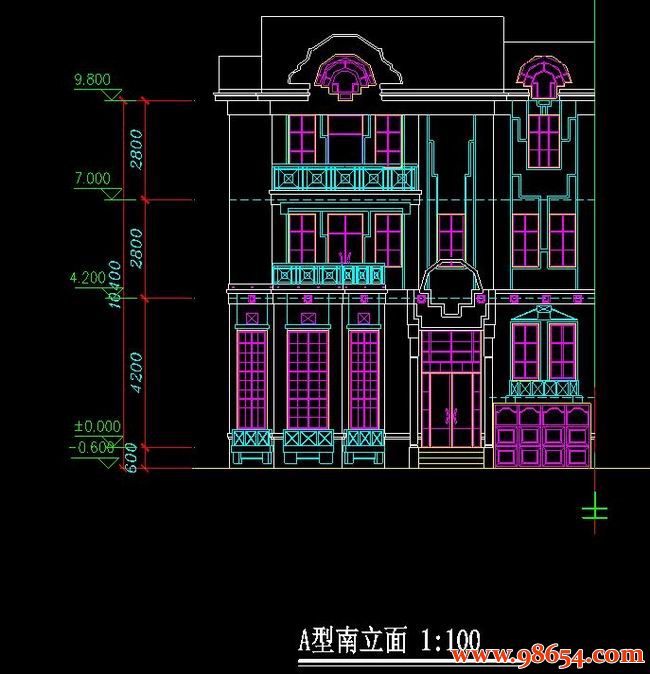 首层面积122平方米3层别墅施工图正立面图