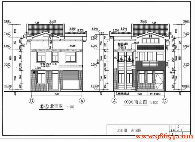  首层面积112平方米3层农村别墅全套设计图正立面图