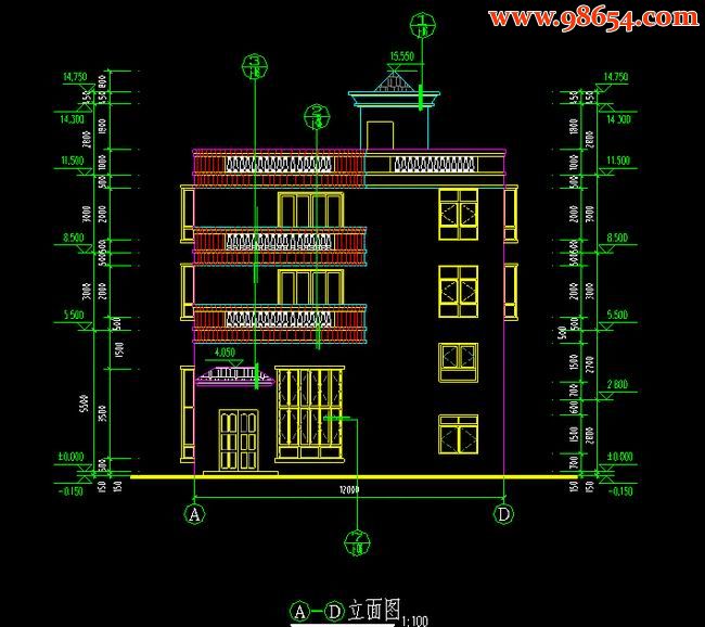 三层120平米私人住宅楼全套图正立面图