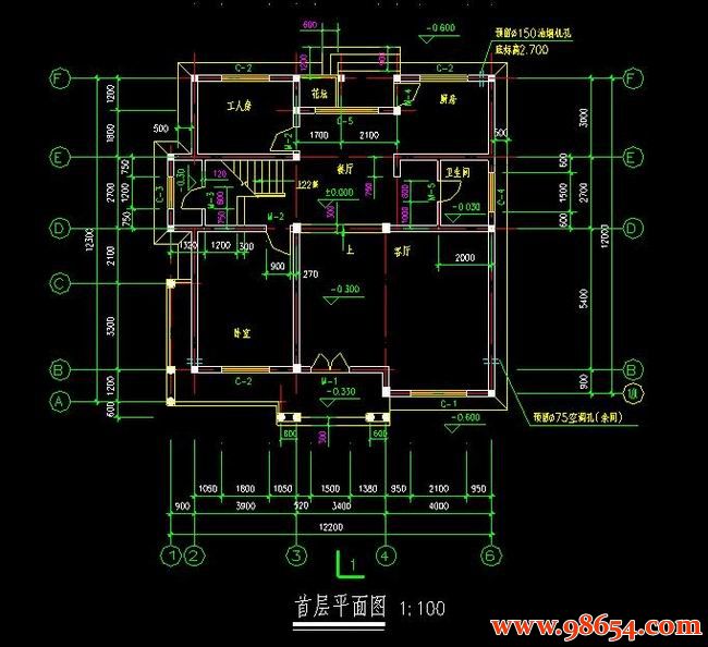 首层146平米3层别墅建筑施工图一楼平面图