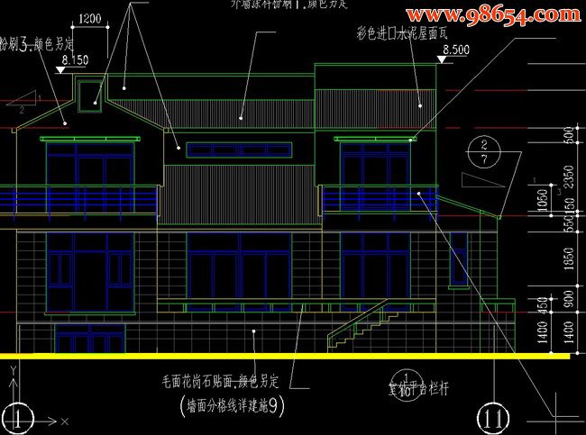 两层433平米全套别墅施工图正立面图