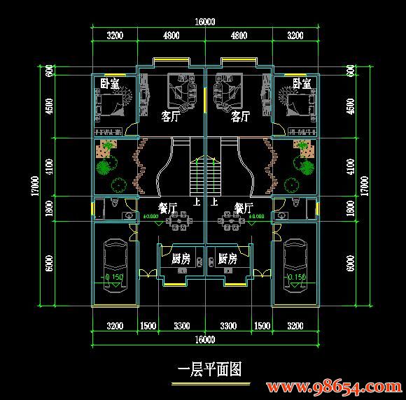 首层面积272平方米3层双拼别墅设计施工图一楼平面图