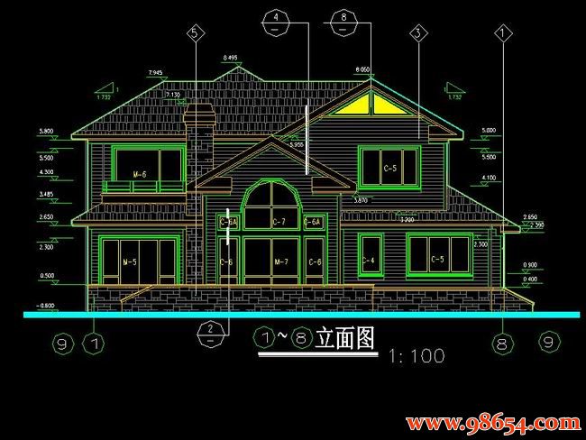 首层面积217平方米2层小型别墅建施正立面图