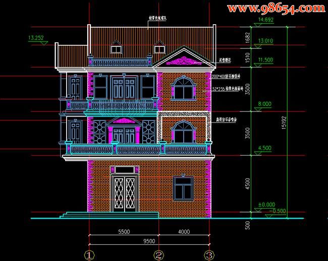 三层5室3厅6卫自建现代小型别墅施工图正立面图