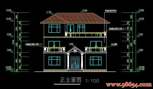 首层面积147平方米3层农村别墅施工正立面图