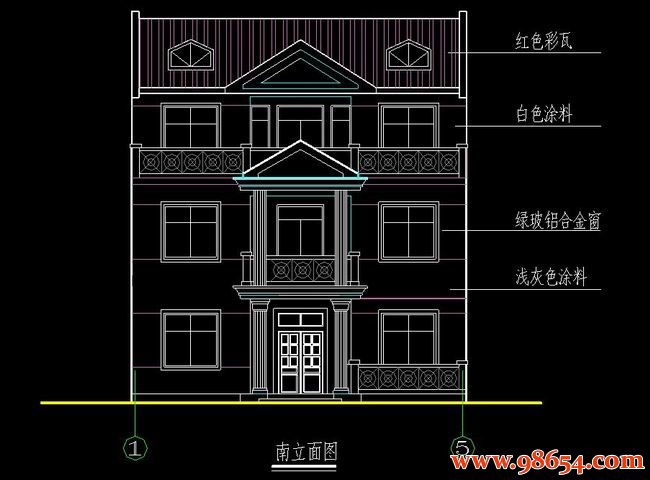 首层面积107平方米3层独栋别墅设计施工图正立面图