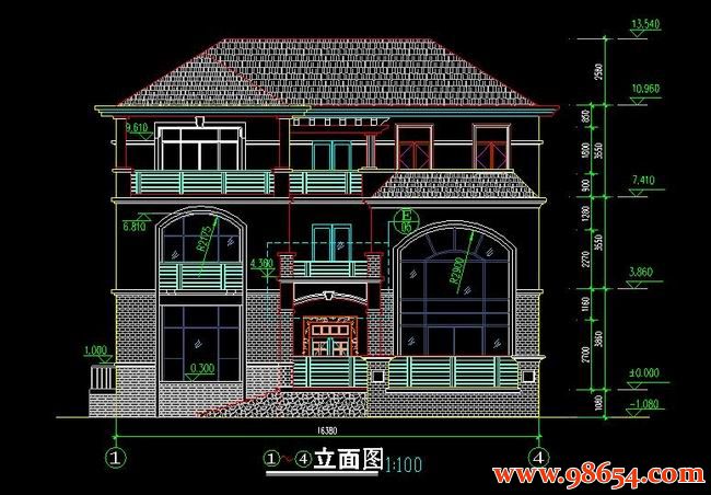 首层面积288平方米3层私人自建别墅设计施工图正立面图