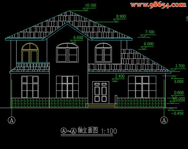 首层217平米2层山区小别墅施工图正立面图