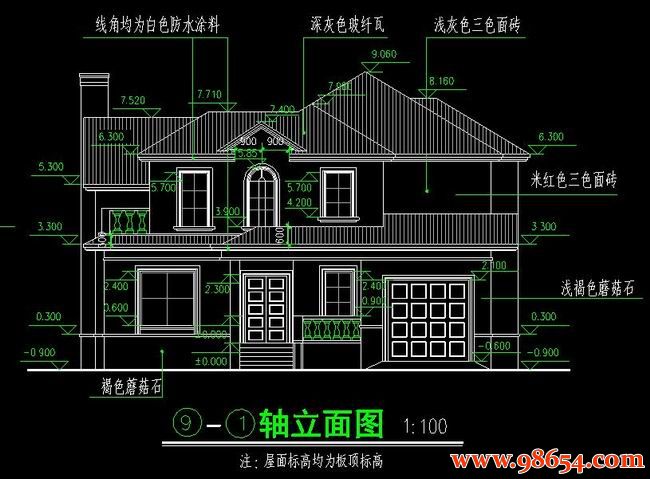 首层面积262平方米2层别墅建筑施工图正立面图