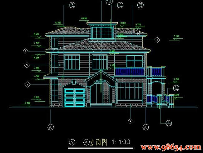 首层面积265平方米3层小型别墅建筑设计图纸正立面图