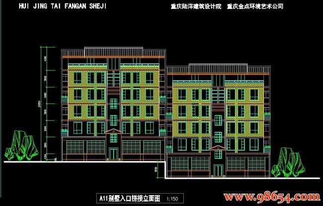 首层面积245平方米5层联排别墅施工图正立面图