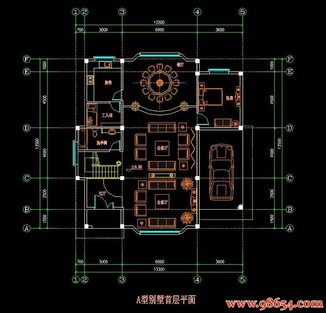 首层面积179平方米2层A型别墅CAD图纸一楼平面图