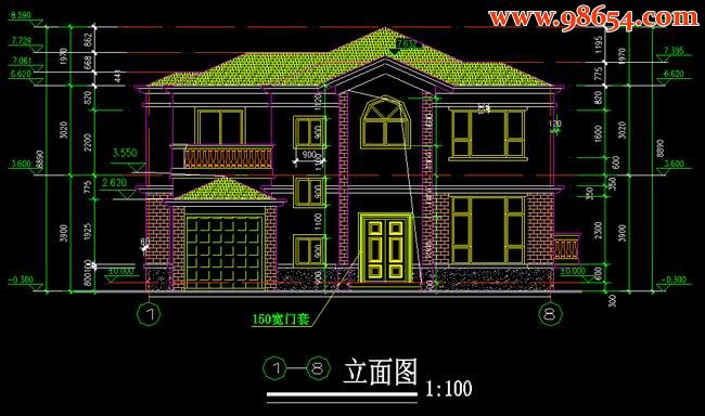 首层186平方米2层自建别墅施工图正立面图