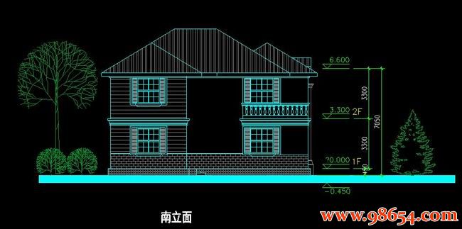 首层面积200平方米2层B7型别墅施工图正立面图