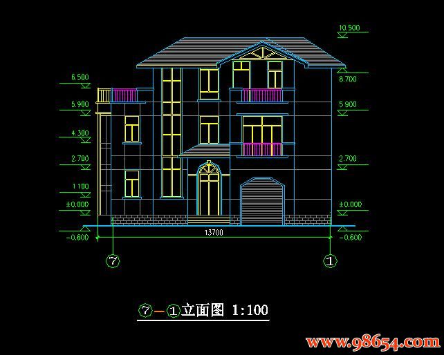 首层面积210平方米3层别墅建筑图纸正立面图