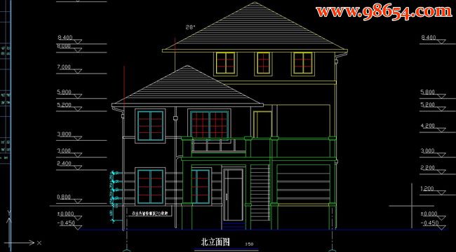 三层288平米别墅建筑施工图正立面图