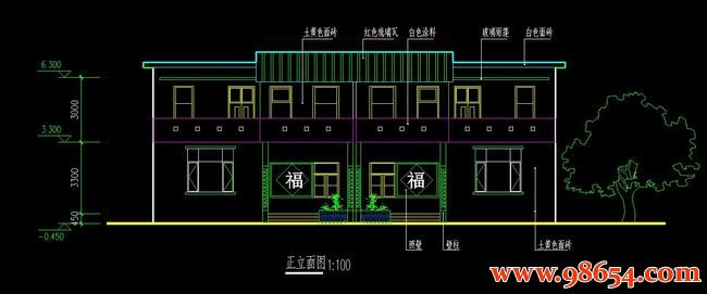 首层面积130平方米2层双拼农村别墅正立面图